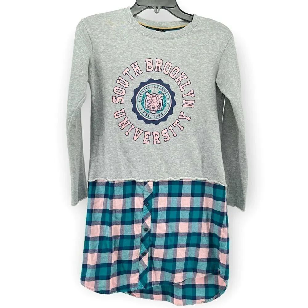 Art Class Girl’s Grey Graphic Sweatshirt Plaid Flannel Shirttail Dress Large